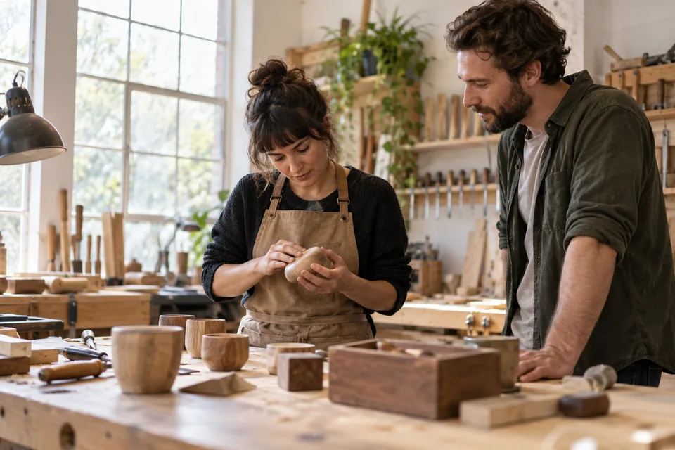 Scène illustrative : deux artisans dans un atelier de bois lumineux.