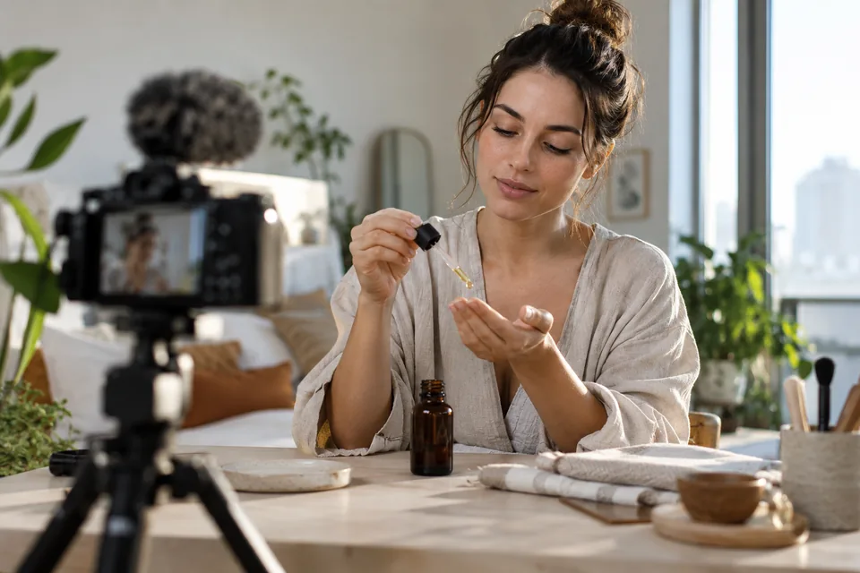 Scène illustrative : préparation d’une vidéo produit avec une caméra et une table de présentation.