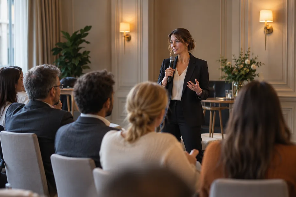 Scène illustrative : une intervenante s’adresse à un public lors d’un séminaire.