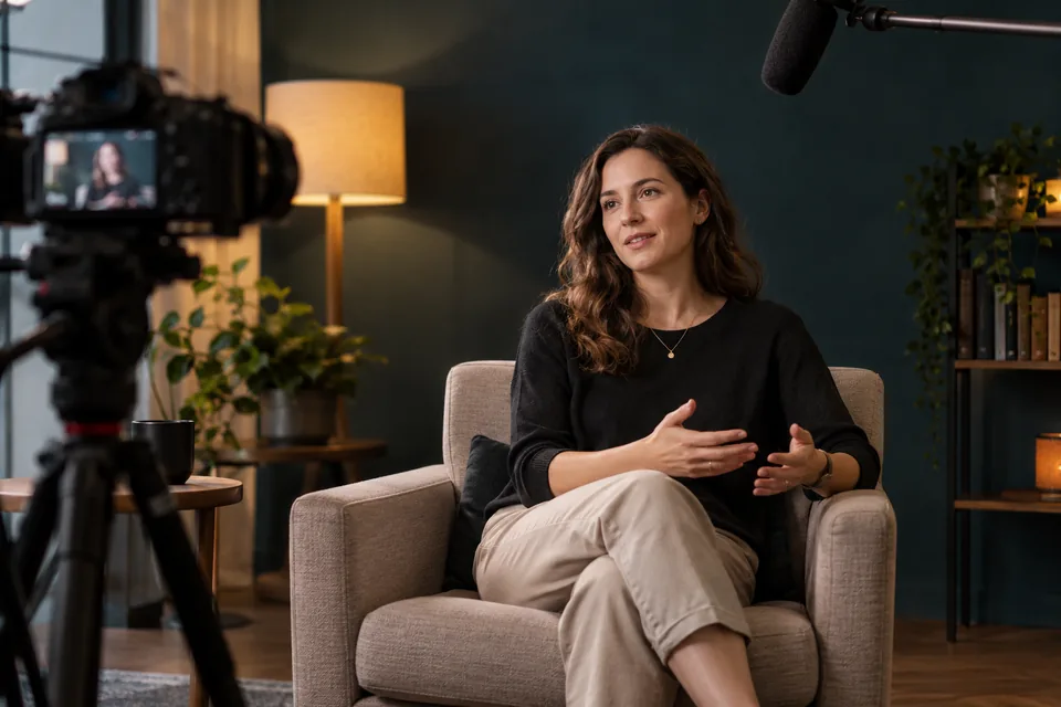 Scène illustrative : une caméra filme un entretien dans un petit studio.