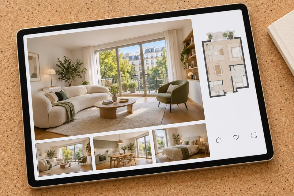 Illustration : Tablette présentant un appartement meublé, avec grand salon lumineux, plan et galerie de pièces.