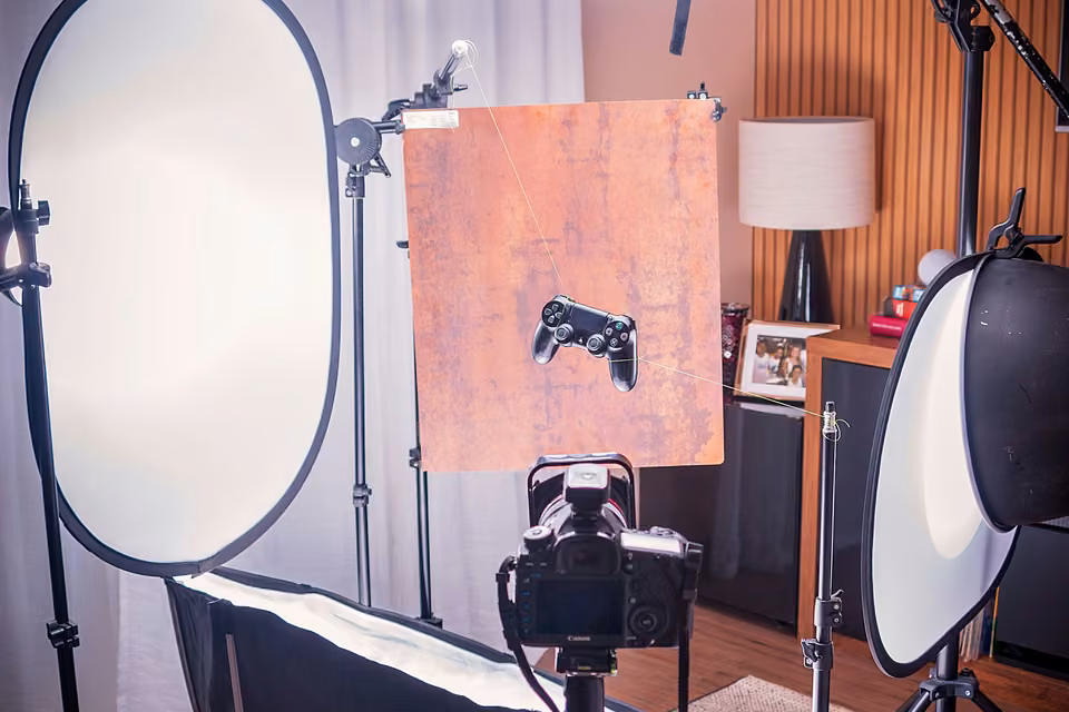 Installation de photographie de produit avec appareil et réflecteurs.