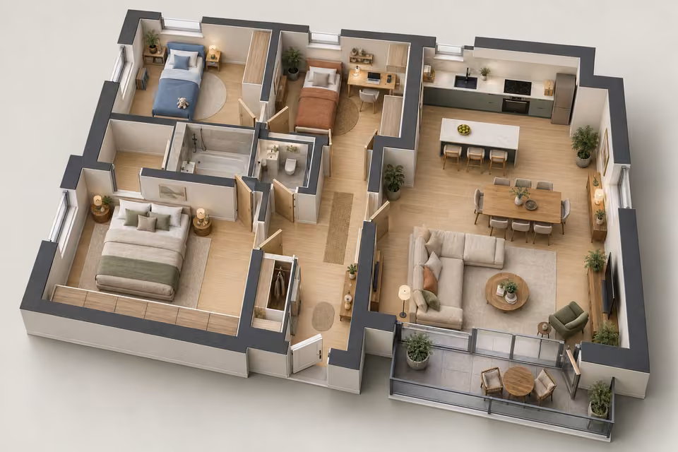 Illustration : Plan 3D d’un appartement familial de trois chambres avec séjour et balcon.