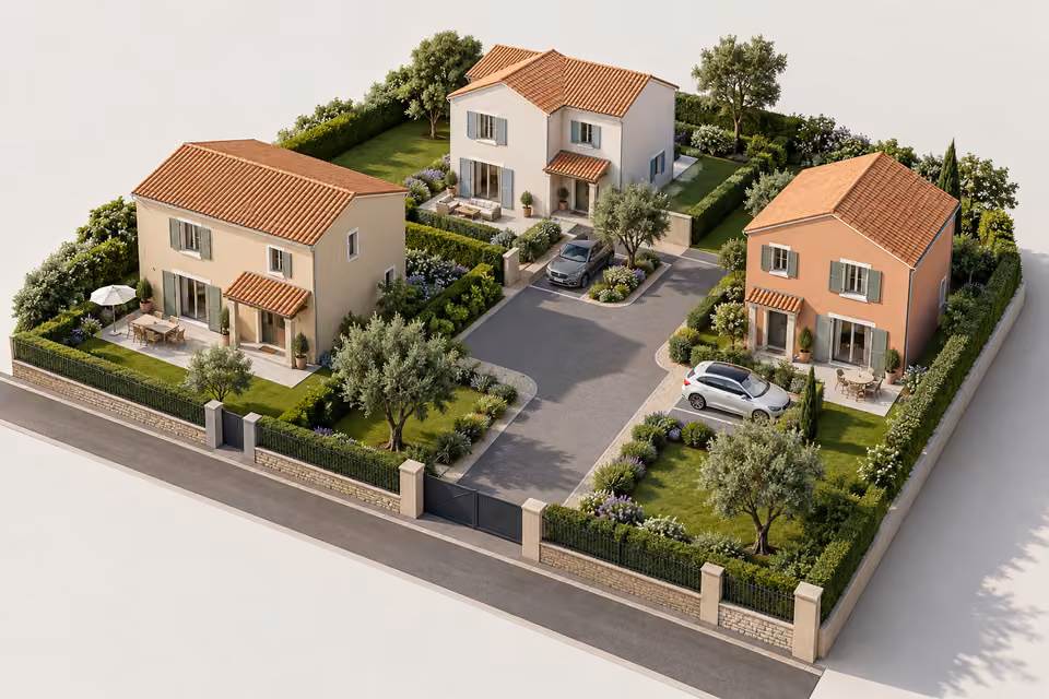 Illustration : Vue 3D d’un ensemble de trois maisons avec jardins et voie d’accès commune.