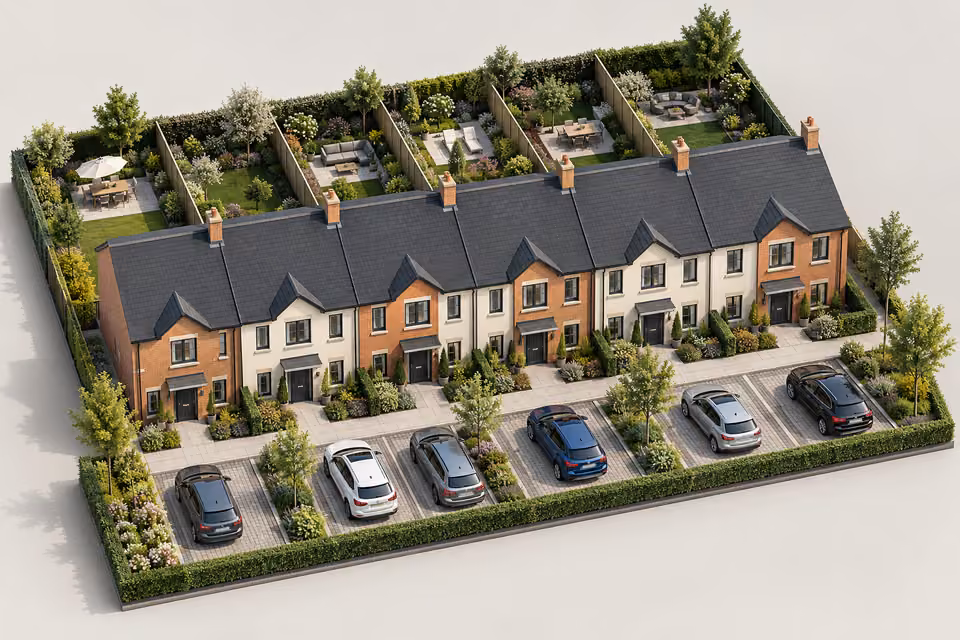 Illustration : Vue 3D de six maisons mitoyennes avec jardins privatifs et stationnements.