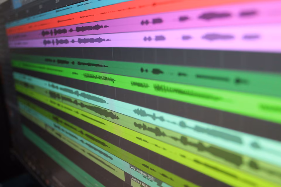 Pistes audio multicolores et formes d’onde enregistrées sur un écran d’ordinateur.