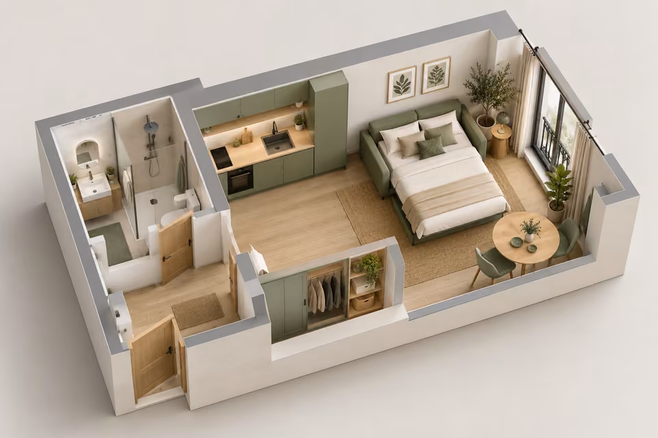 Illustration : Plan 3D d’un studio avec canapé-lit, kitchenette et salle d’eau.