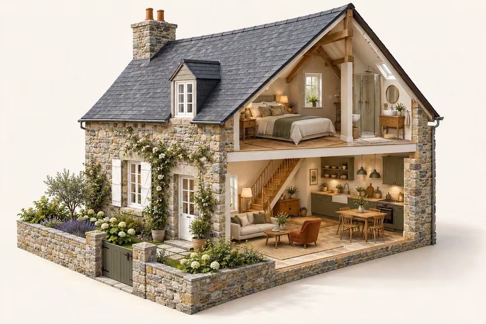 Illustration : Vue en coupe d’une maison bretonne en pierre avec chambre sous toiture et séjour meublé.