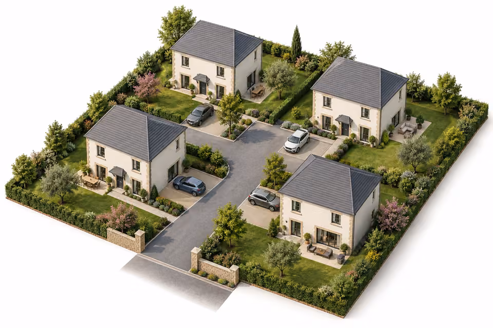 Exemple illustratif de vue 3D d’ensemble d’un programme de quatre maisons.