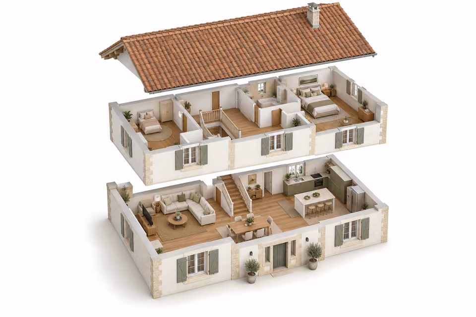 Exemple illustratif d’une maison en coupe, étage par étage.