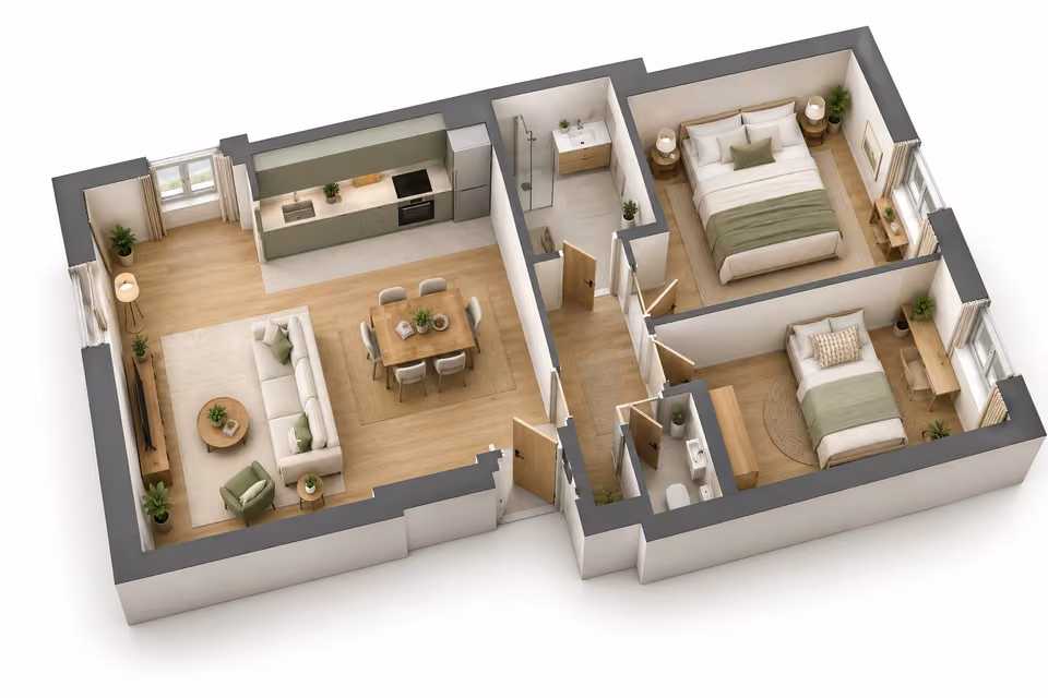 Exemple illustratif de plan 3D meublé d’un appartement.