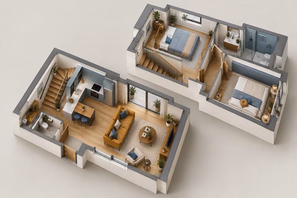 Illustration : Plan 3D d’un duplex présentant le séjour en bas et deux chambres à l’étage.