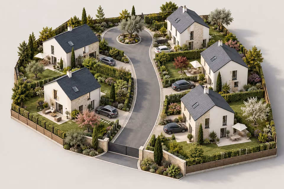 Illustration : Vue 3D d’un ensemble de cinq maisons autour d’une voie paysagée.