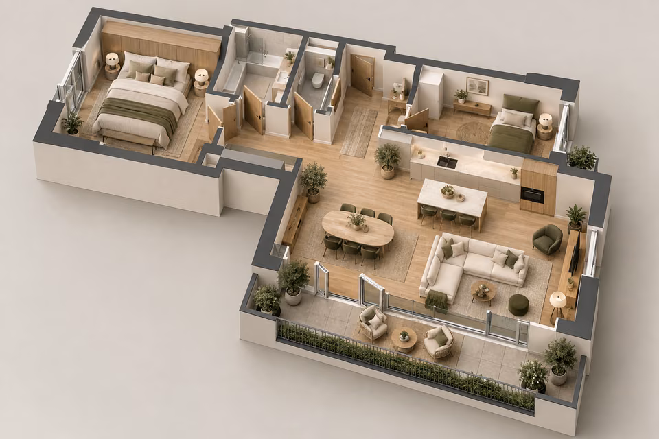 Illustration : Plan 3D d’un appartement de deux chambres avec séjour ouvert et balcon.