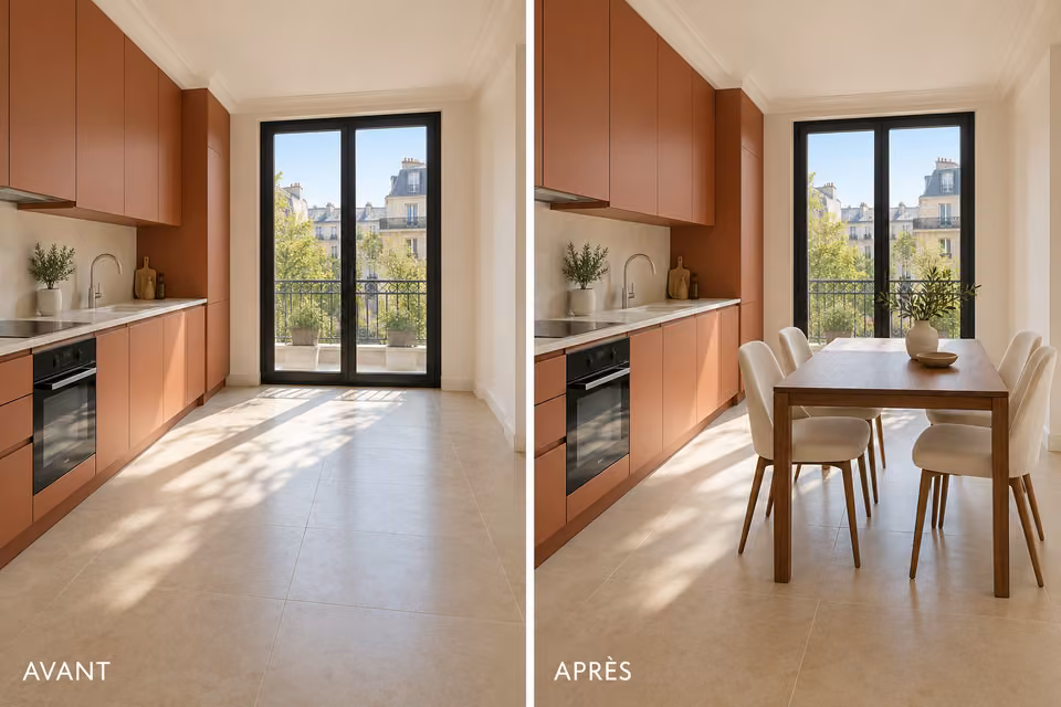 Illustration : Comparaison avant et après ajout virtuel d’une table et de chaises dans une cuisine terracotta.