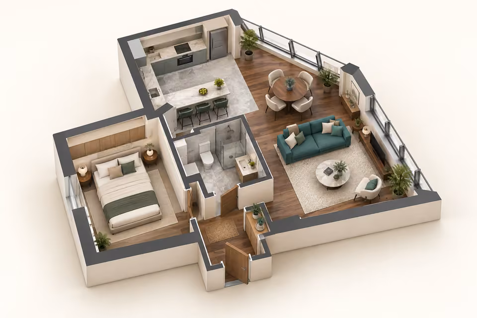 Illustration : Plan 3D d’un appartement d’angle avec une chambre, canapé bleu-vert et cuisine ouverte.