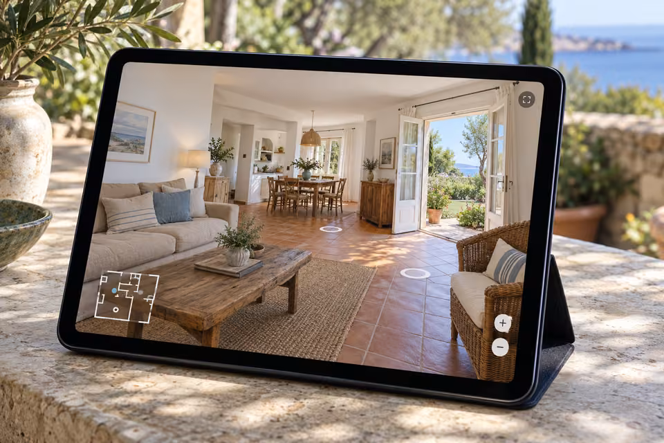 Illustration : Tablette sur une table en pierre affichant la visite virtuelle d’un séjour ouvert sur un jardin côtier.