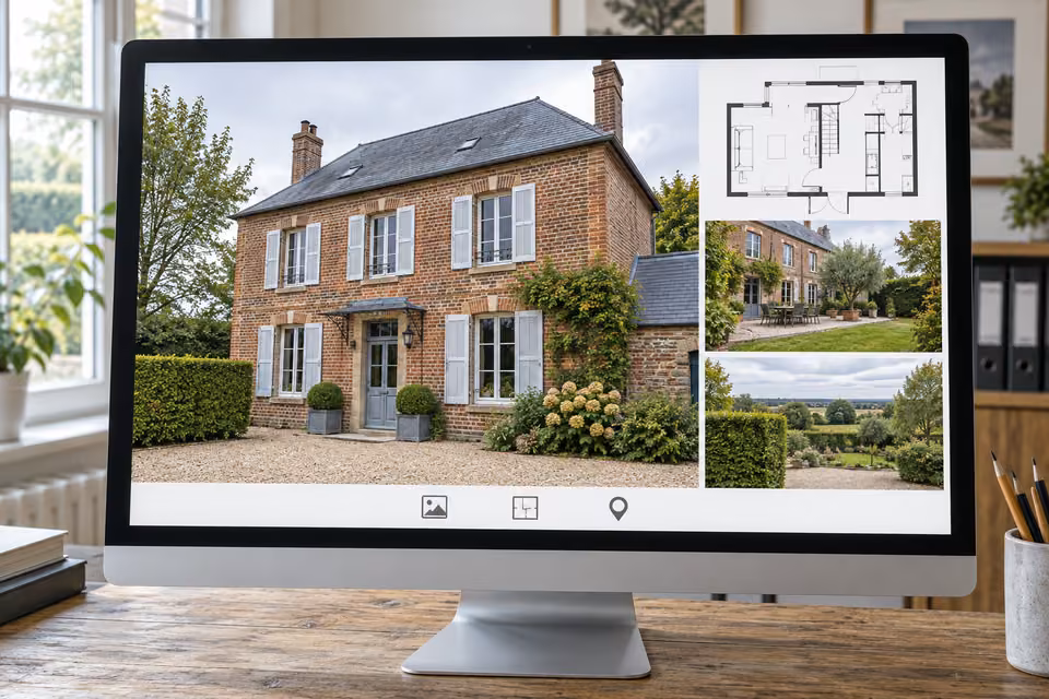 Illustration : Écran présentant une maison normande en briques, son plan et des photographies du jardin.