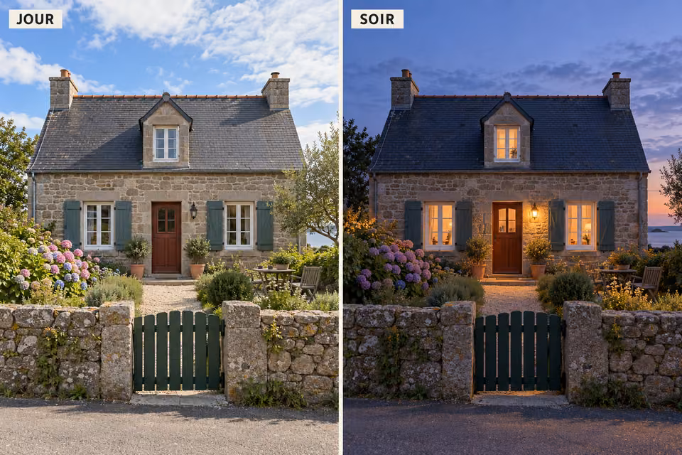 Illustration : Maison bretonne en granit présentée de jour et au crépuscule derrière un petit portail vert.