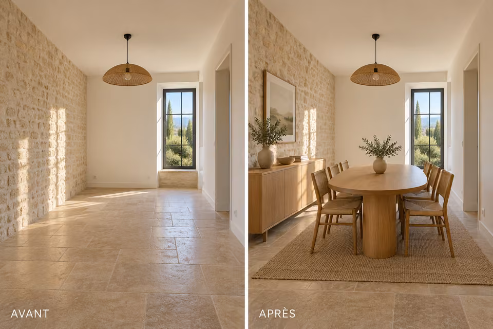 Illustration : Comparaison avant et après ameublement virtuel d’une salle à manger avec mur en pierre.