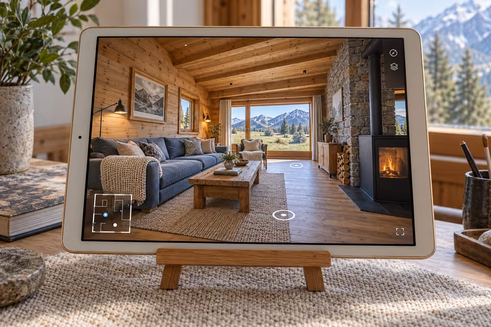 Illustration : Tablette sur un chevalet affichant la visite virtuelle d’un chalet meublé, avec poêle et vue sur les montagnes.