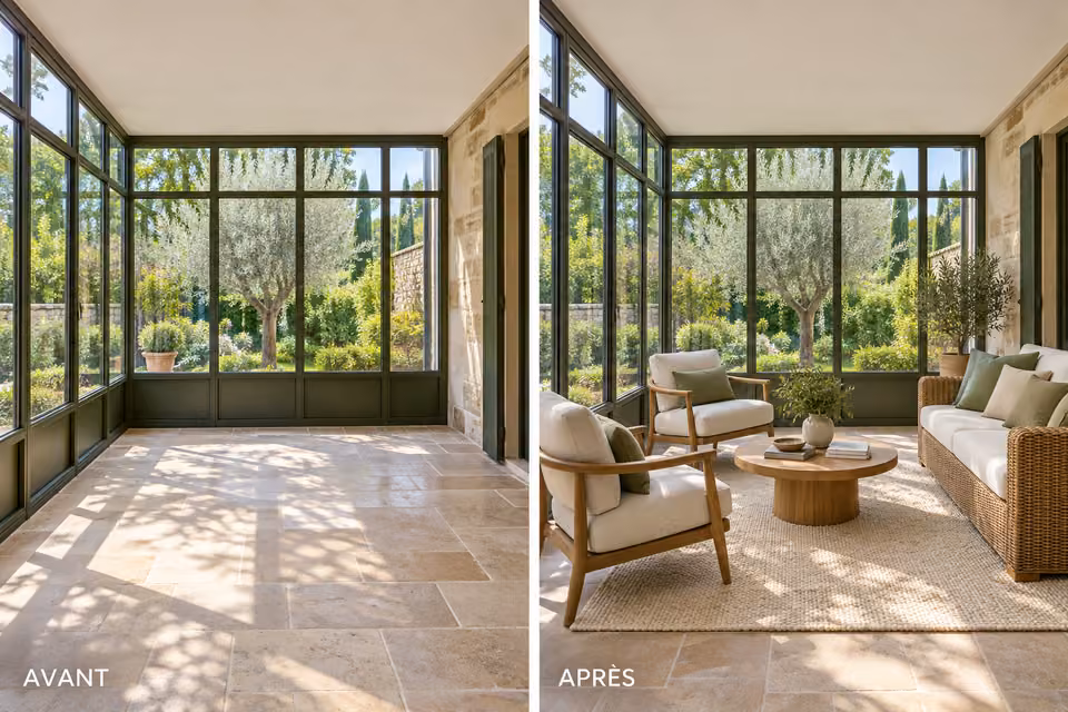 Illustration : Comparaison avant et après ameublement virtuel d’une véranda ouverte sur le jardin.
