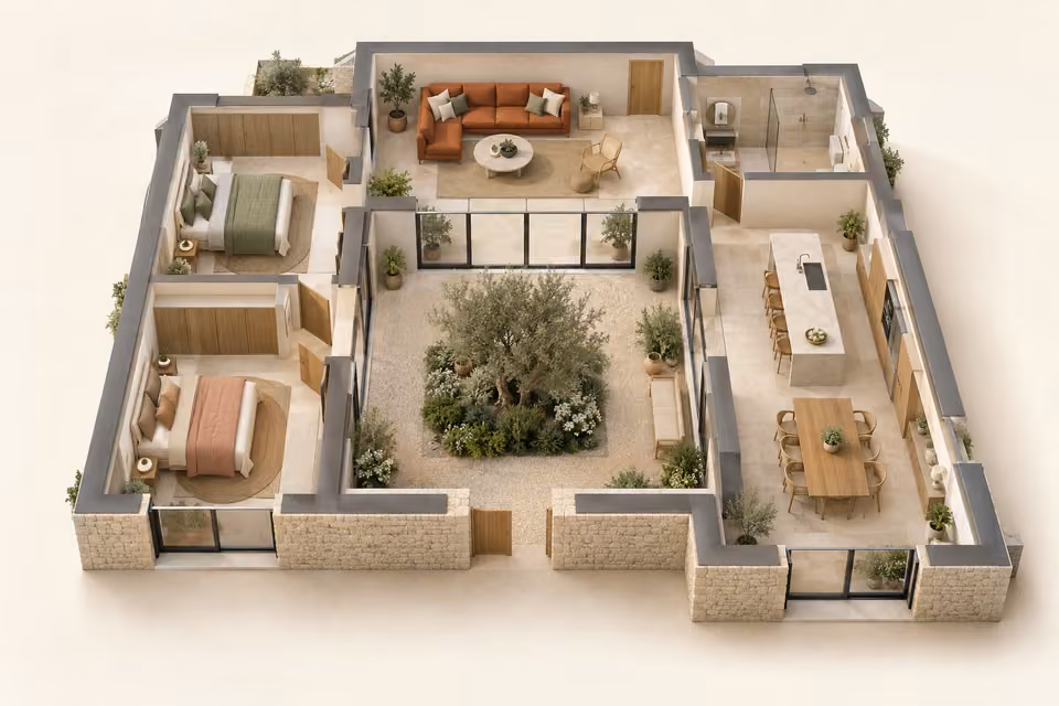 Illustration : Plan 3D d’un logement en U avec deux chambres autour d’un patio planté.