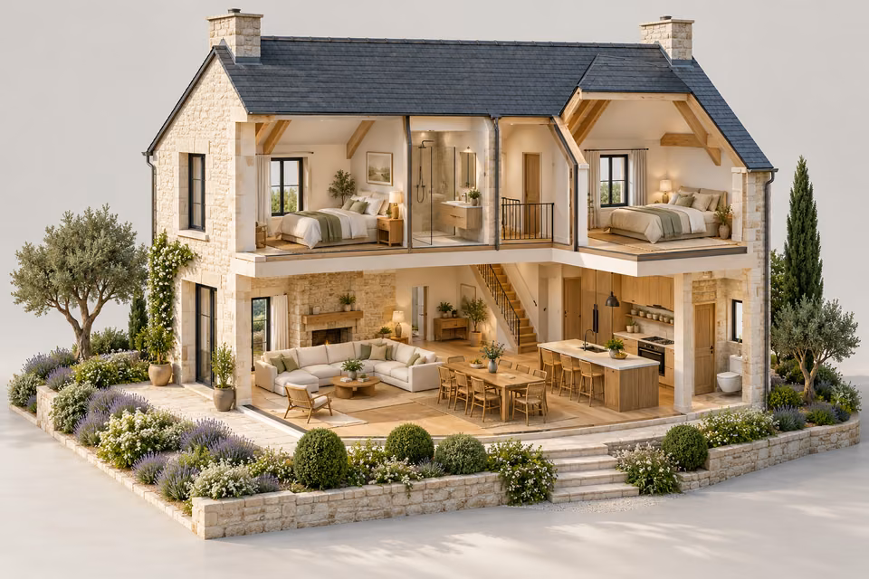 Illustration : Vue en coupe d’une maison en pierre sur deux niveaux avec chambres et séjour meublés.