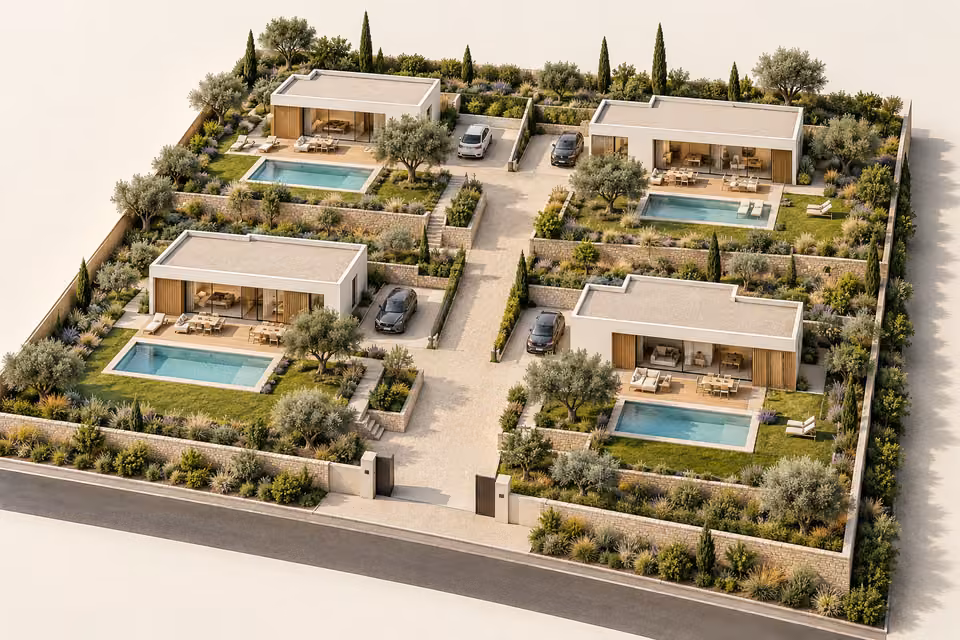 Illustration : Vue 3D de quatre villas contemporaines avec piscines et jardins en terrasses.