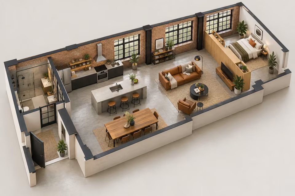 Illustration : Plan 3D d’un loft ouvert avec mur de briques, coin nuit et cuisine avec îlot.