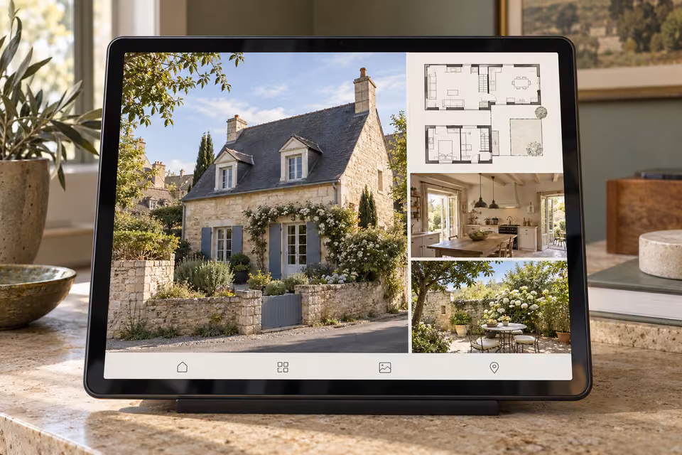 Illustration : Tablette présentant une maison en pierre à toit d’ardoise, avec plans et vues de la cuisine et du jardin.
