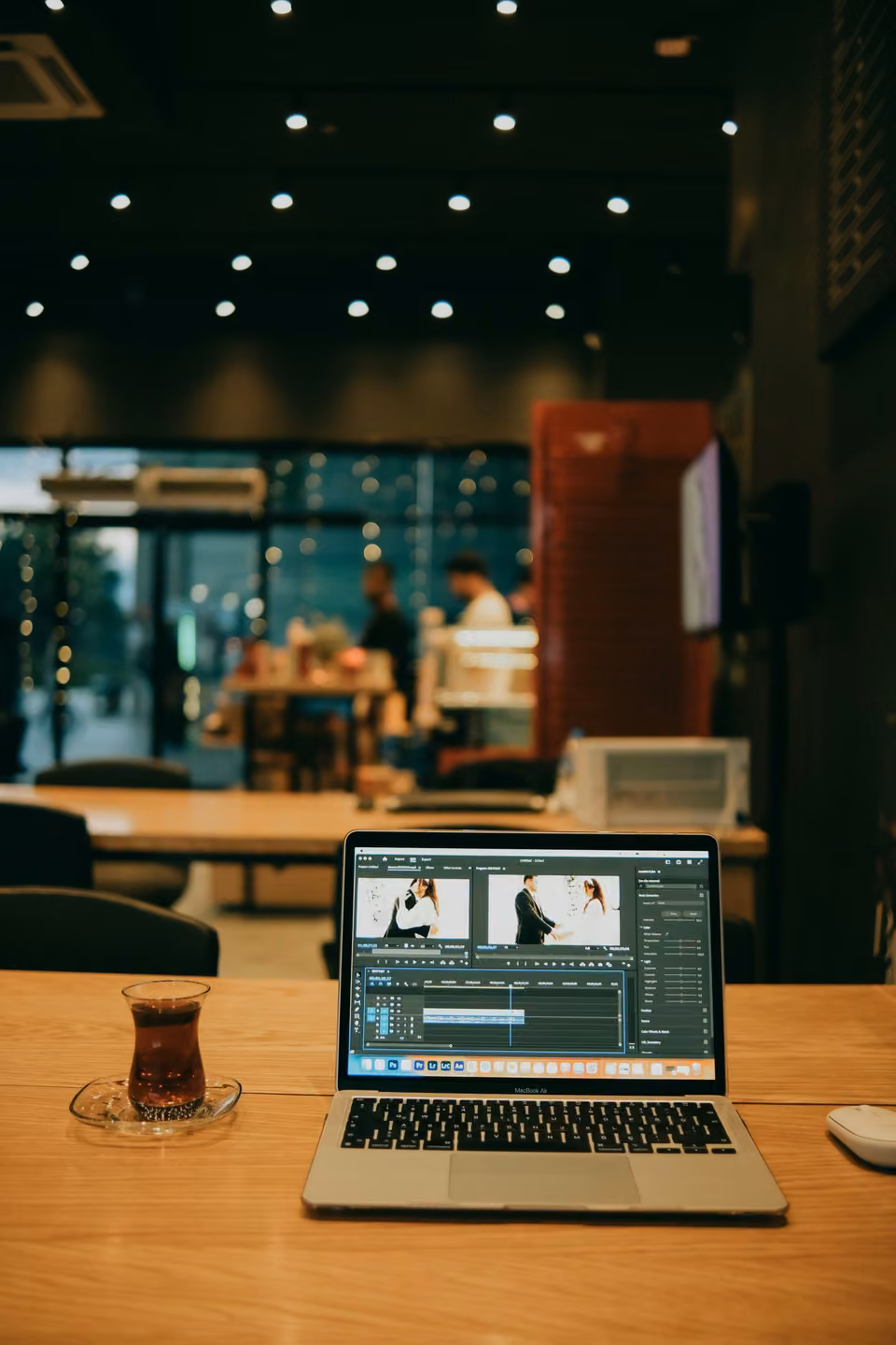 Portable avec logiciel de montage vidéo près d’un verre de thé dans un café.