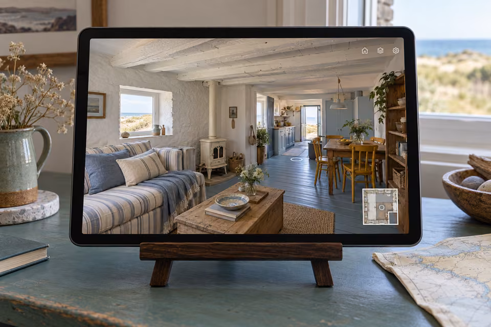 Illustration : Tablette affichant la visite virtuelle d’un cottage côtier, avec canapé rayé, plancher bleu et poêle blanc.