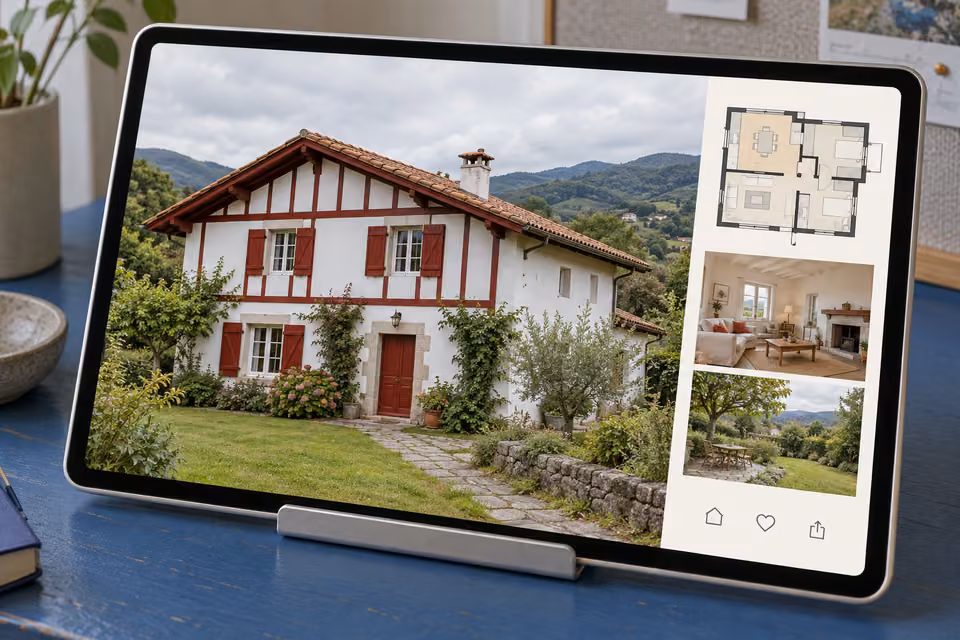 Illustration : Tablette présentant une maison basque blanche et rouge, avec plan et vues du séjour et du jardin.
