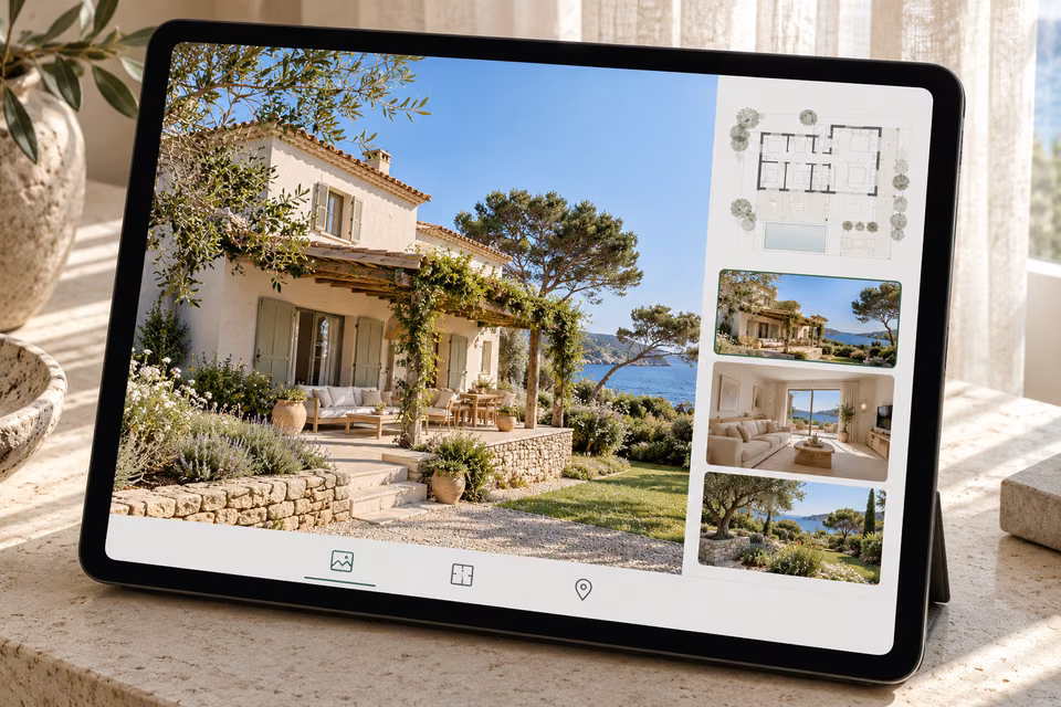 Illustration : Tablette présentant une maison en bord de mer, accompagnée d’un plan et de vignettes de ses espaces.