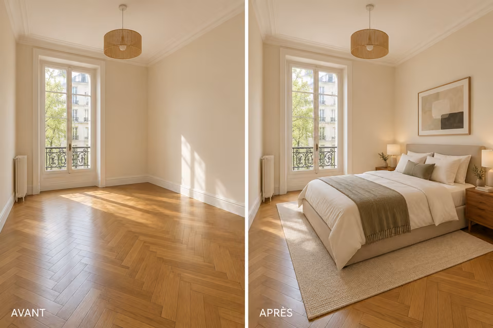 Illustration : Comparaison avant et après ameublement virtuel d’une chambre avec parquet et grande fenêtre.