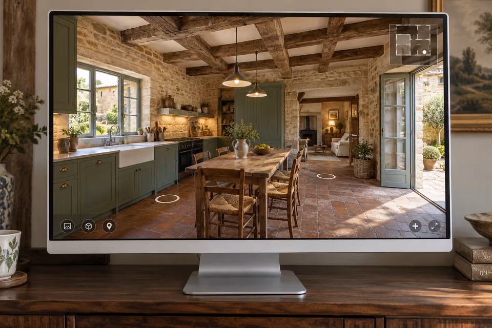 Illustration : Écran de bureau affichant une cuisine de maison en pierre, avec table rustique et repères de visite virtuelle.