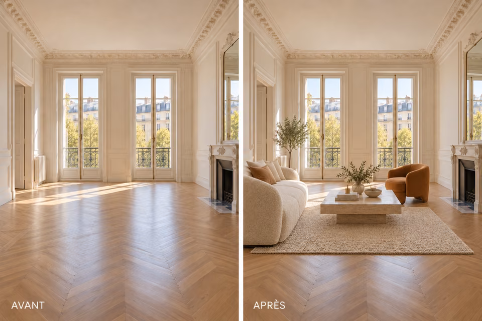 Illustration : Comparaison avant et après ameublement virtuel d’un salon avec cheminée et fenêtres à la française.