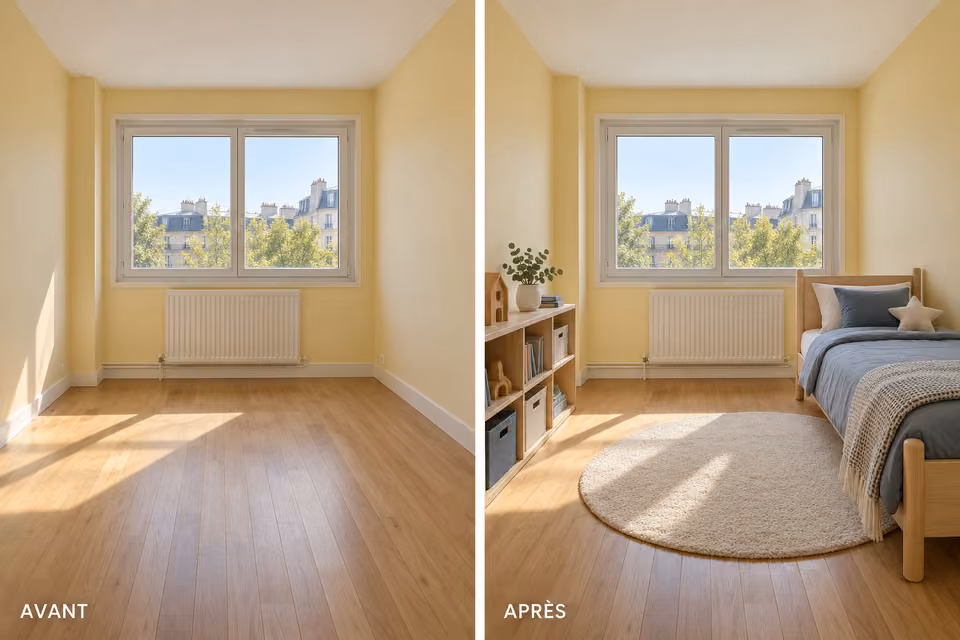 Illustration : Comparaison avant et après ameublement virtuel d’une chambre d’enfant aux murs jaune pâle.