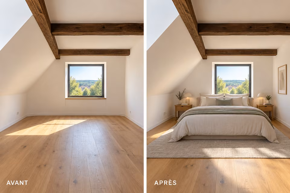 Illustration : Comparaison avant et après ameublement virtuel d’une chambre mansardée avec poutres apparentes.