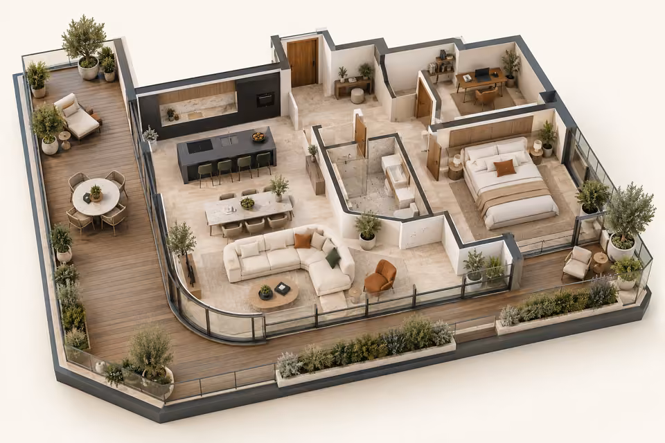 Illustration : Plan 3D d’un penthouse avec une chambre, un bureau et une terrasse en L.