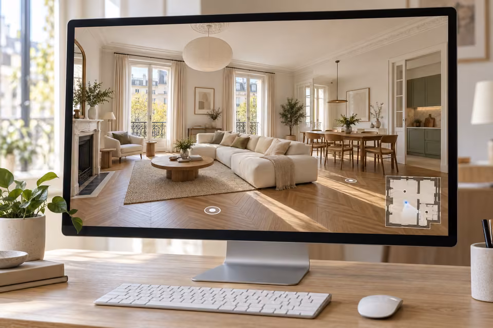 Exemple de visite immobilière sur écran avec points de navigation.