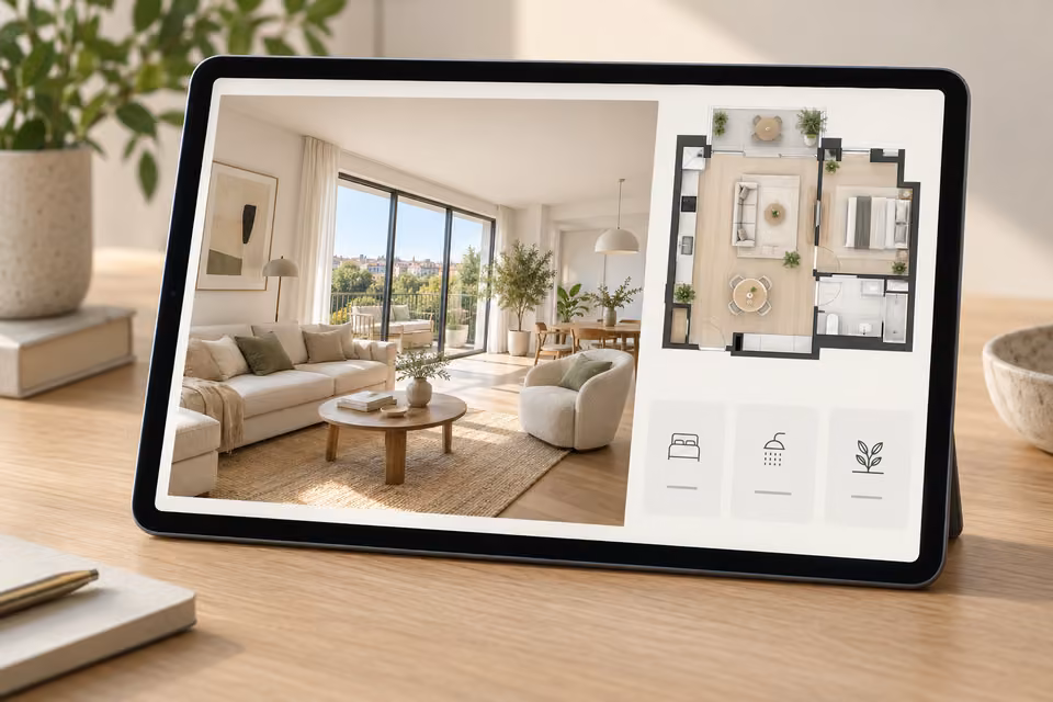 Exemple de présentation immobilière sur tablette avec photographie et plan.