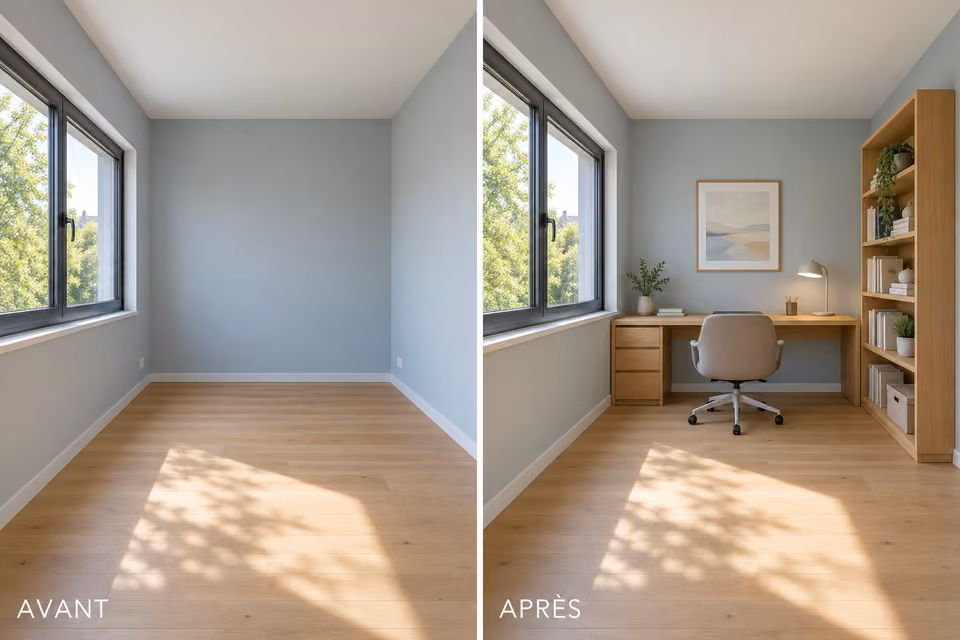 Illustration : Comparaison avant et après ameublement virtuel d’un bureau aux murs bleu-gris.