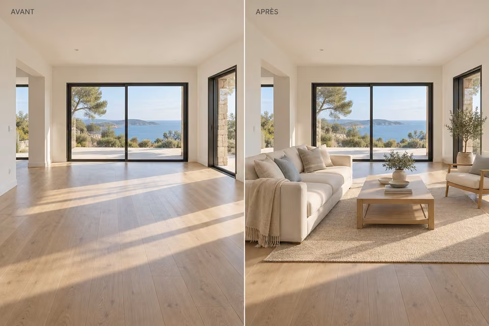 Exemple illustratif de home staging virtuel : la même pièce vide puis meublée.