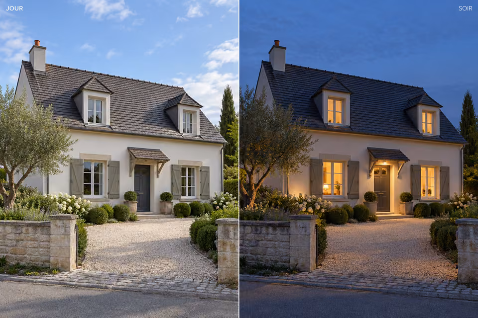 Exemple illustratif de transformation jour-soir d’une façade.