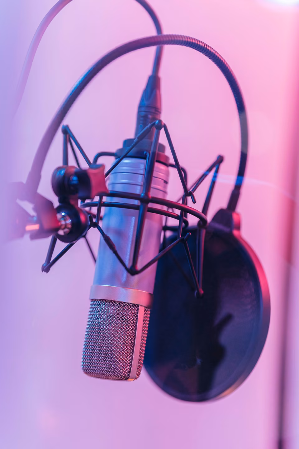 Microphone de studio et filtre antipop sur un fond éclairé en violet.