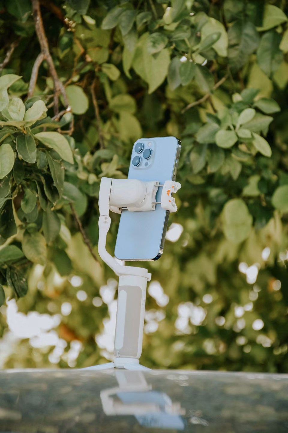 Smartphone sur stabilisateur blanc devant du feuillage