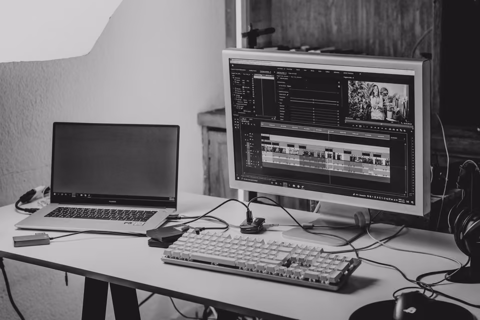 Bureau de montage vidéo avec ordinateur et écran de contrôle.
