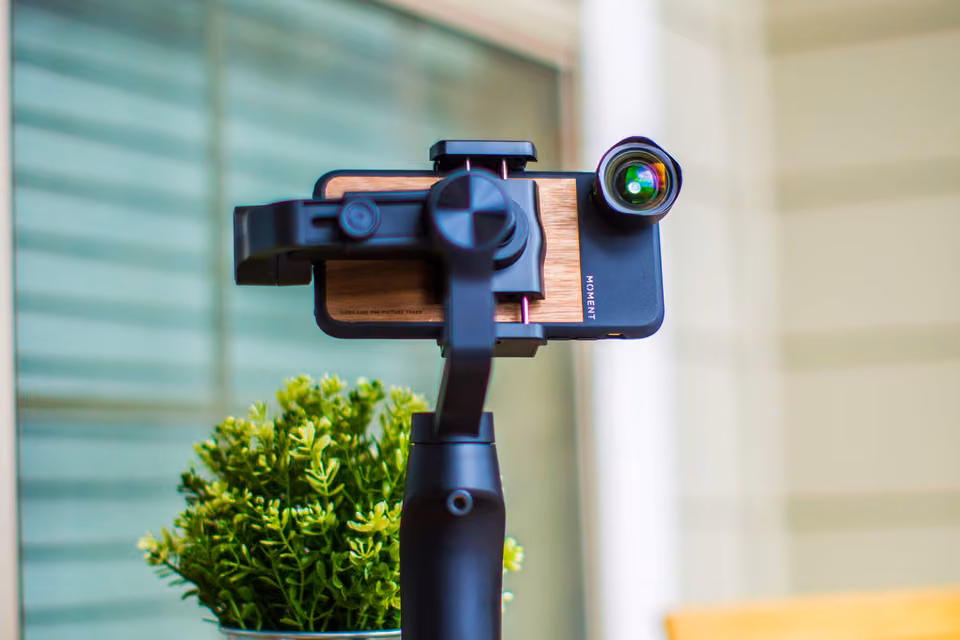 Téléphone monté sur un stabilisateur à côté d’une plante.